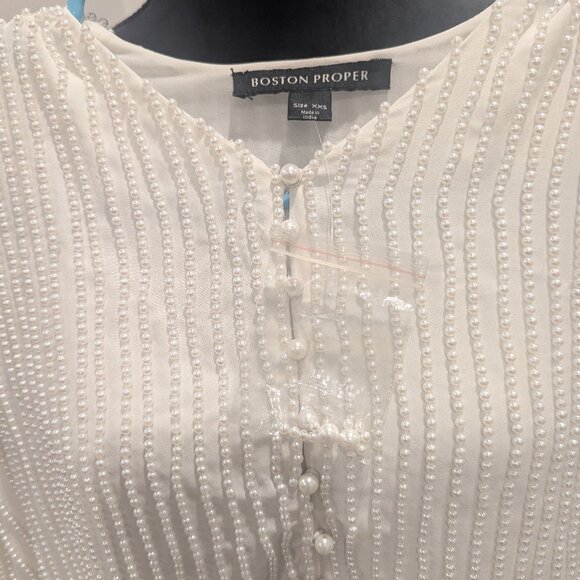 BOSTON PROPER All Over Pearl Embellished White Chiffon Top XXS - Picture 1 of 6